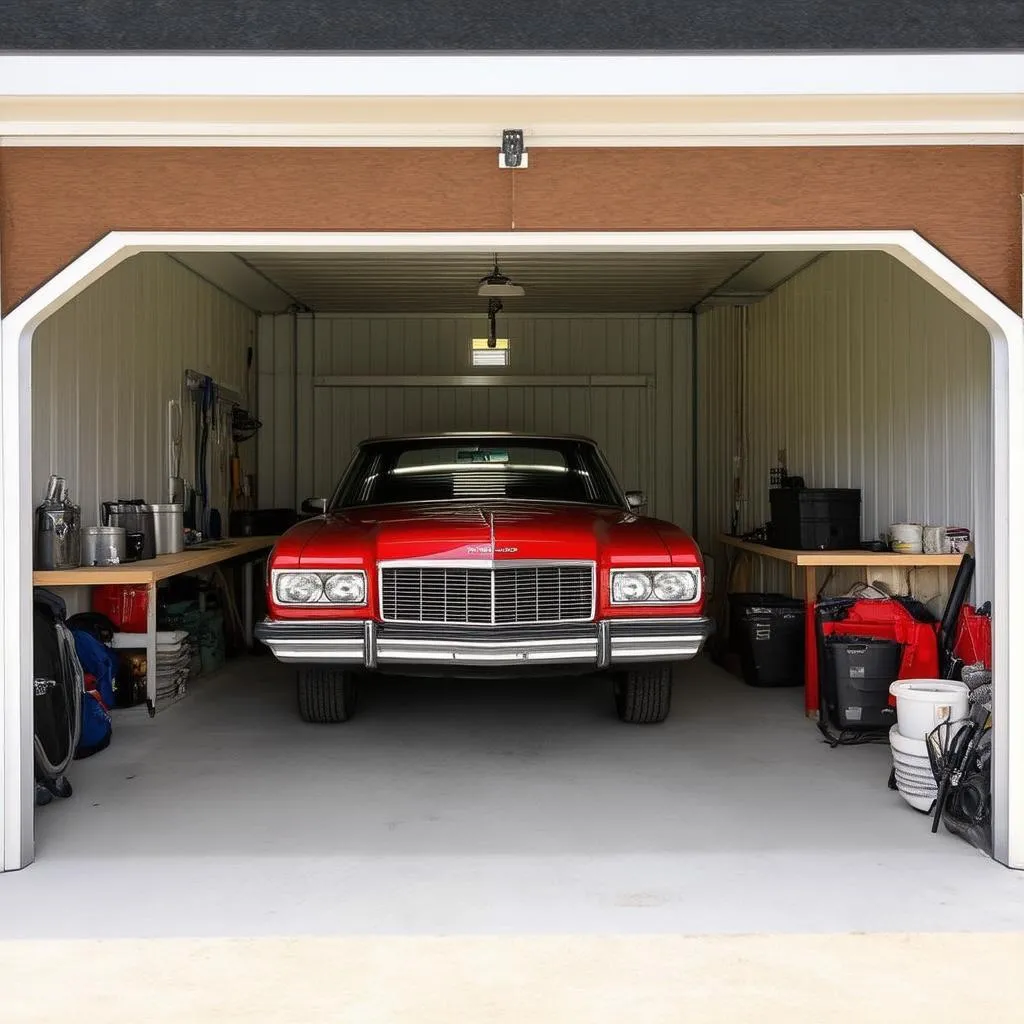 A beautiful pole barn garage with two car parking spaces, a workbench, and tools neatly arranged on the walls