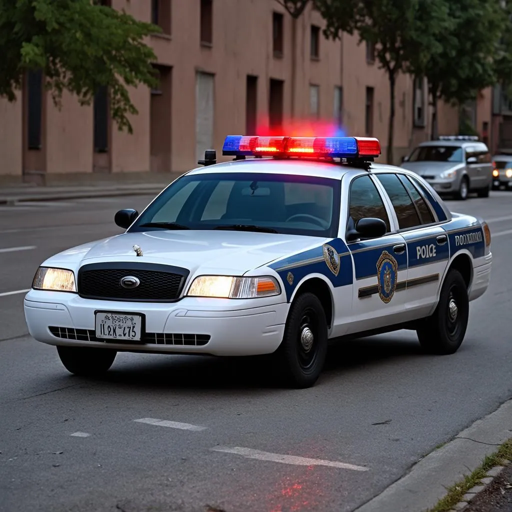 Police car with flashing lights and siren