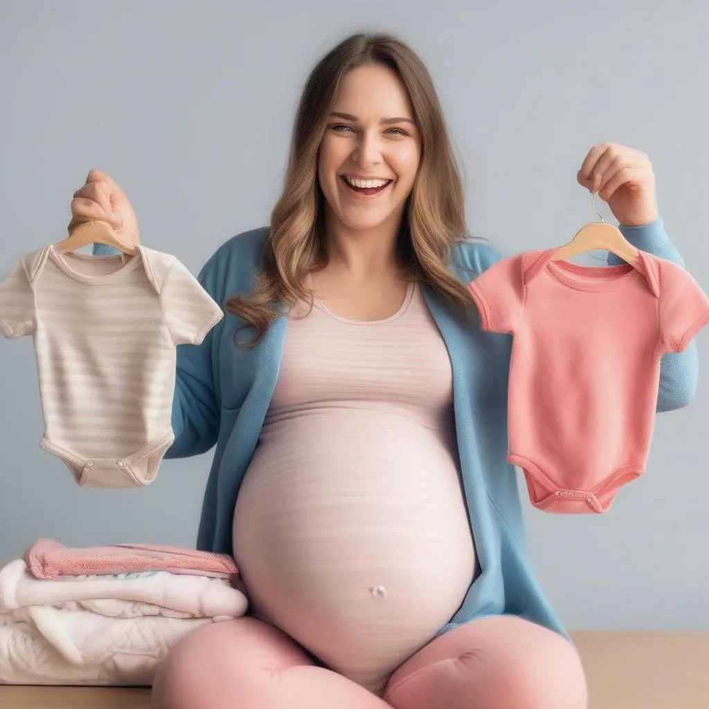 Smiling pregnant woman holding baby clothes