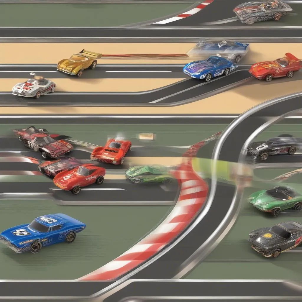 Slot car racing set featuring a variety of track layouts and a collection of iconic race cars