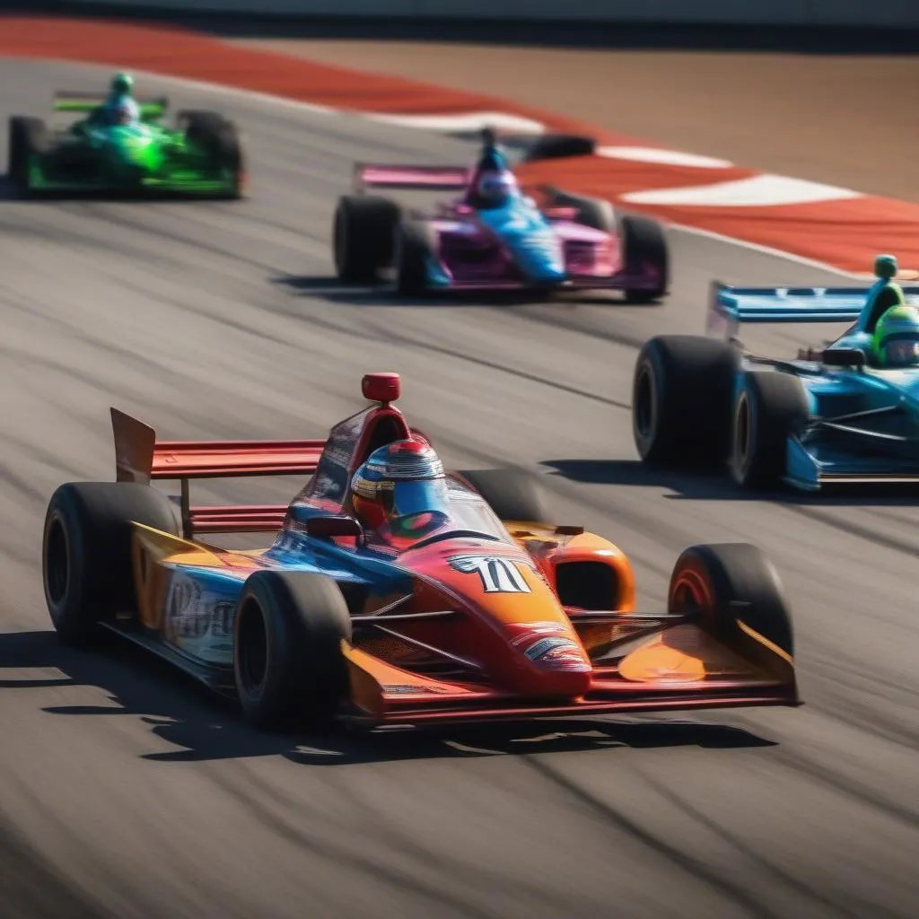 Race cars competing on a track