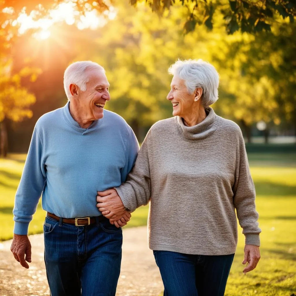 An elderly couple happily walking together in a park