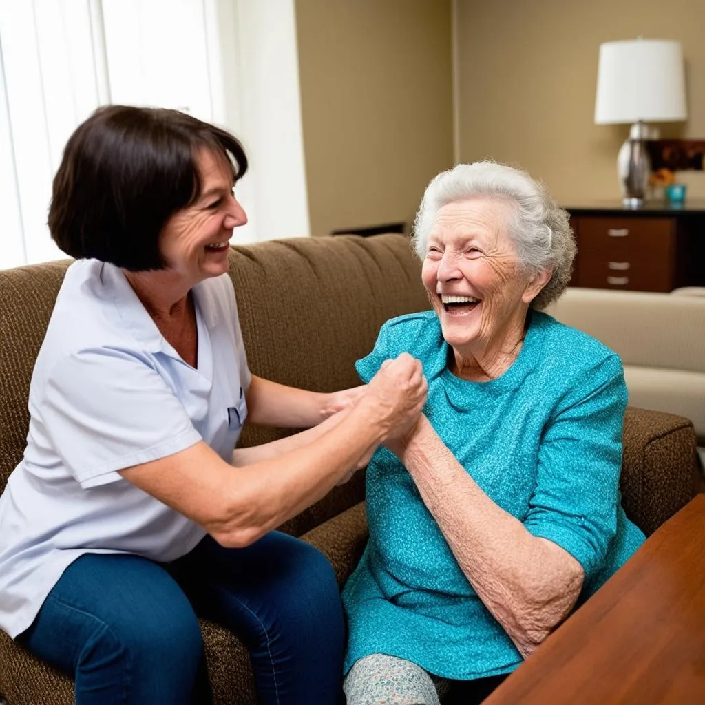 Senior Woman Smiling with Caregiver