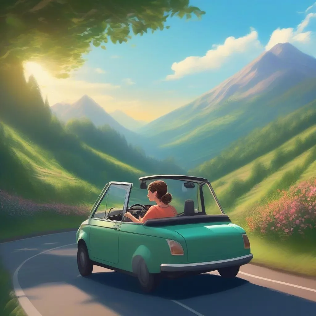 A young woman driving a small car with a raised driving position on a scenic mountain road.