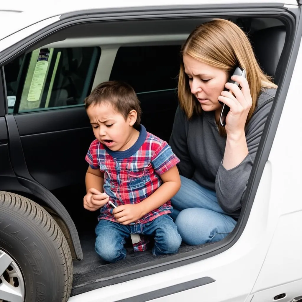 Stressed parents dealing with car trouble