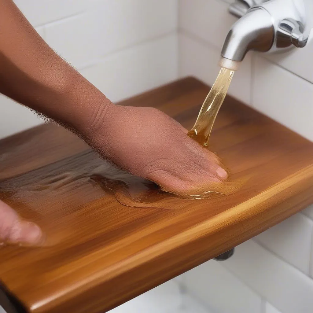 Teak Shower Stool Oil Treatment: Close-up of a hand applying oil to a teak shower stool.