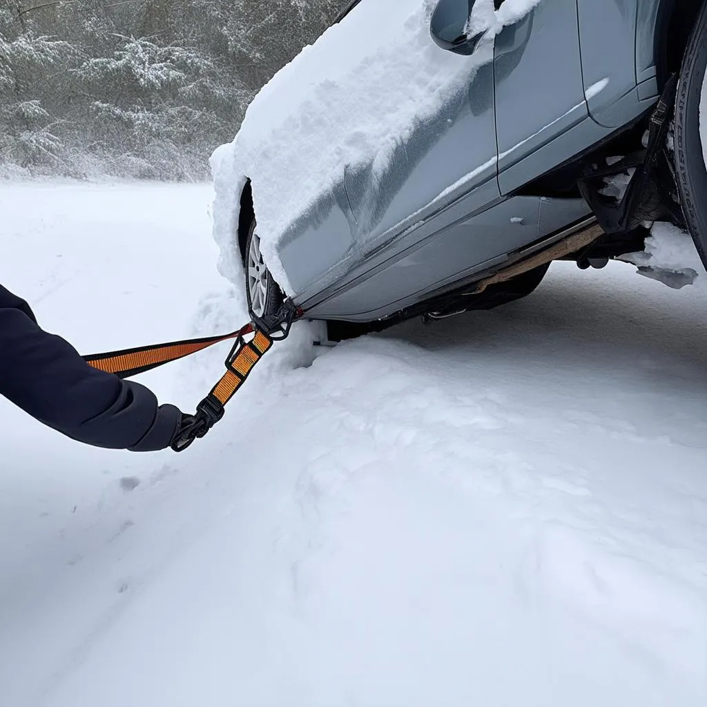 Towing a car stuck in snow