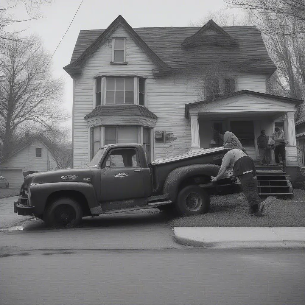 A tow truck driver hooks up a junk car in front of a Minneapolis home.