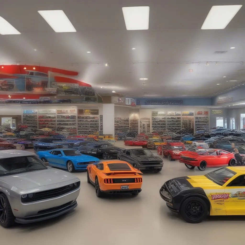 A variety of colorful, miniature cars in a showroom setting