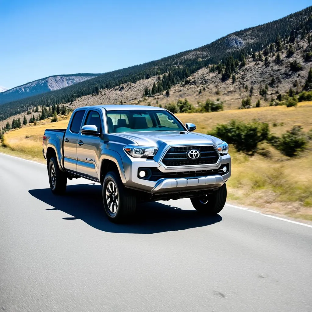 Toyota Tacoma driving on a scenic road