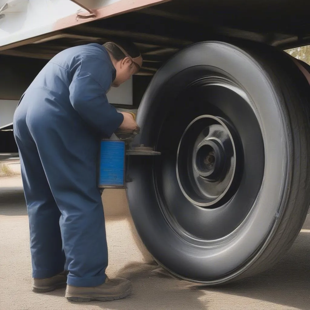 A mechanic inspecting trailer wheels