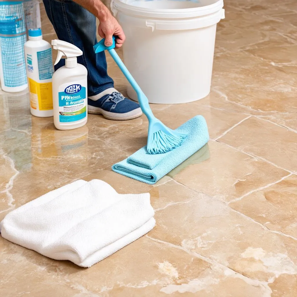 Cleaning Supplies on Travertine Floor