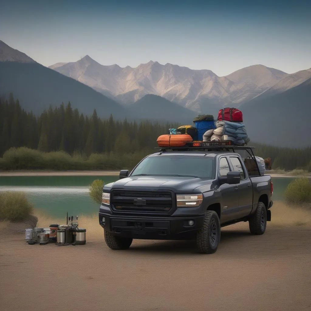 Truck bed rack loaded with camping gear