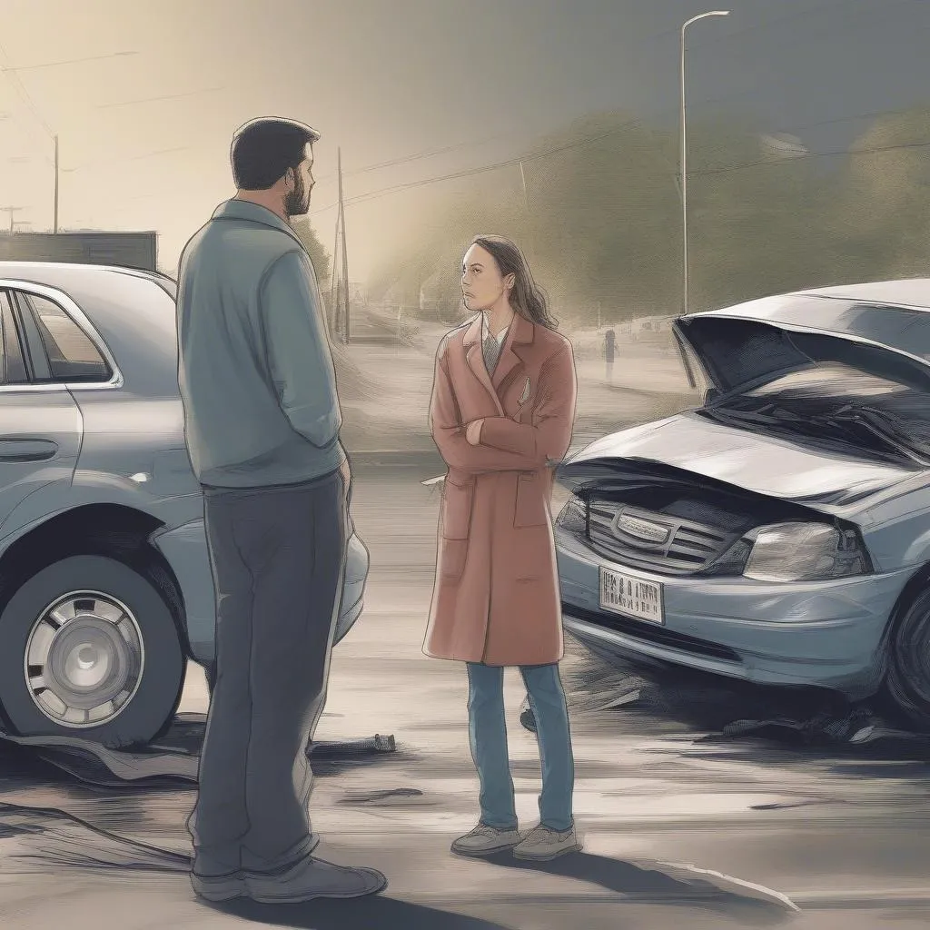 A man and woman at a car accident scene.