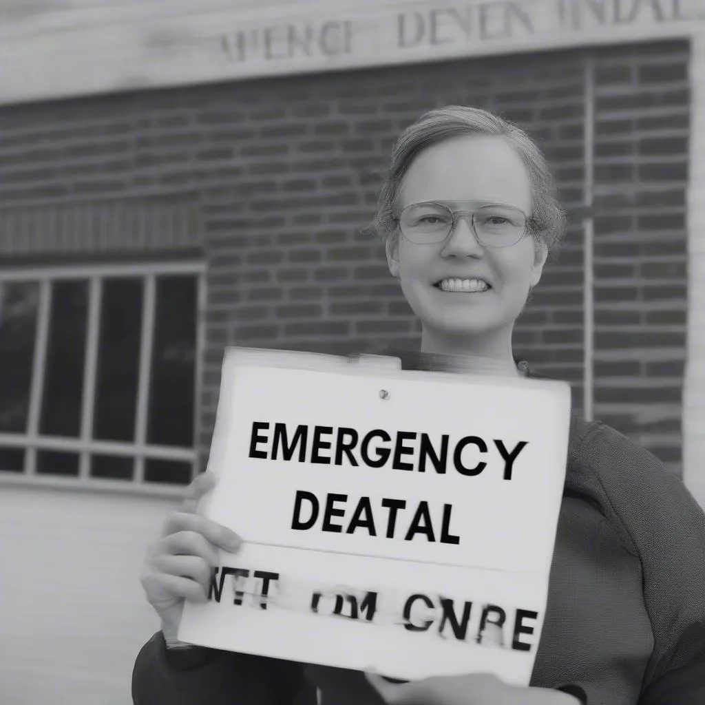 A person looking for a dentist in Lexington, KY, holds a sign that says "Emergency Dental Care"