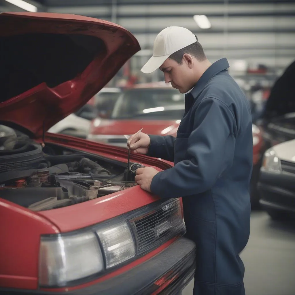 Mechanic inspecting a used car