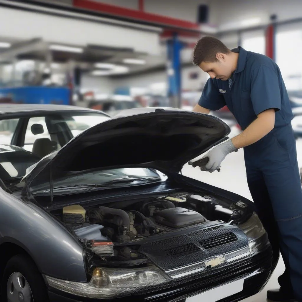 Used Car Motor Mall Grand Rapids MI Inspection: A mechanic inspecting a used car