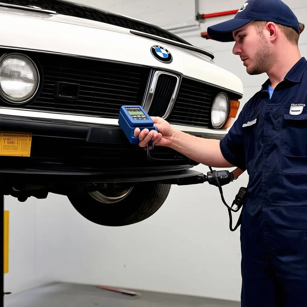 Mechanic using a vintage OBD1 reader on a classic BMW