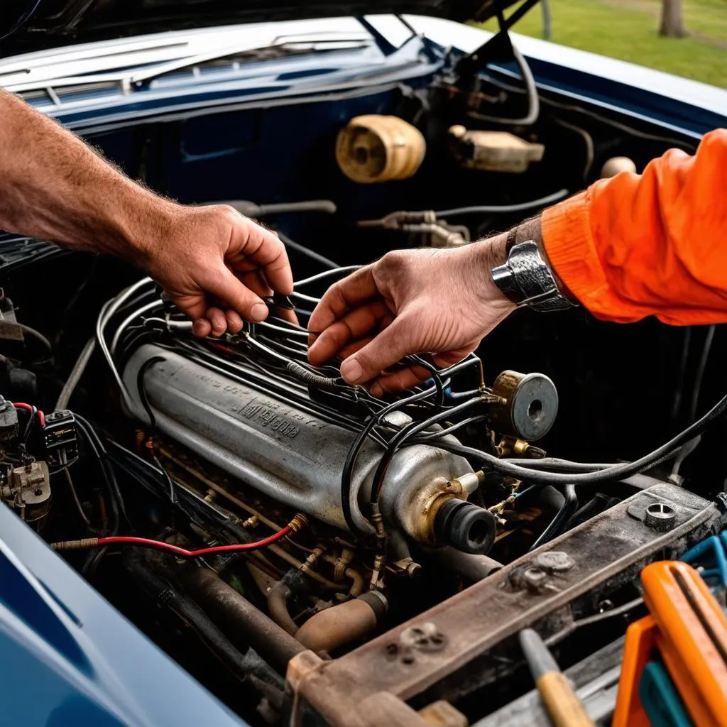 Mechanic Inspecting Engine Bay of a Classic Car