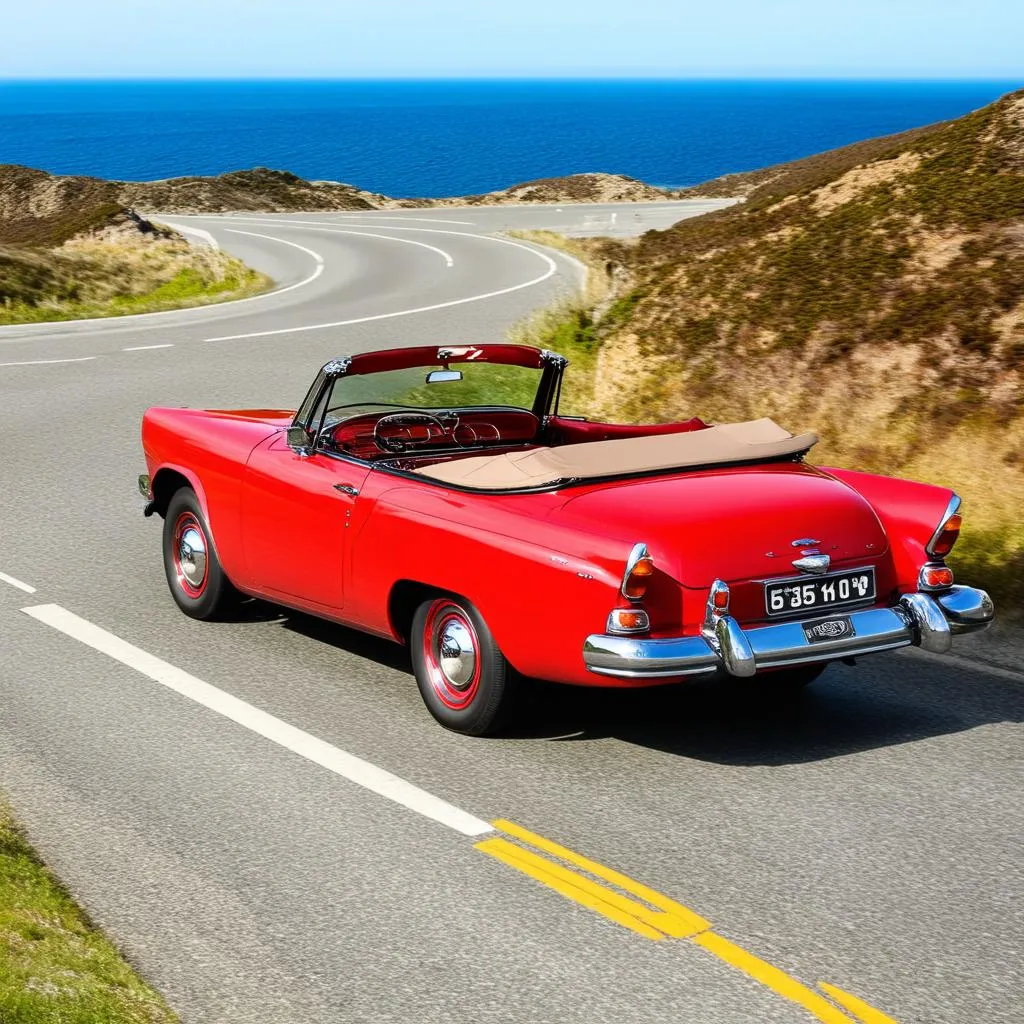 A Red Convertible Driving Along a Scenic Coastal Road