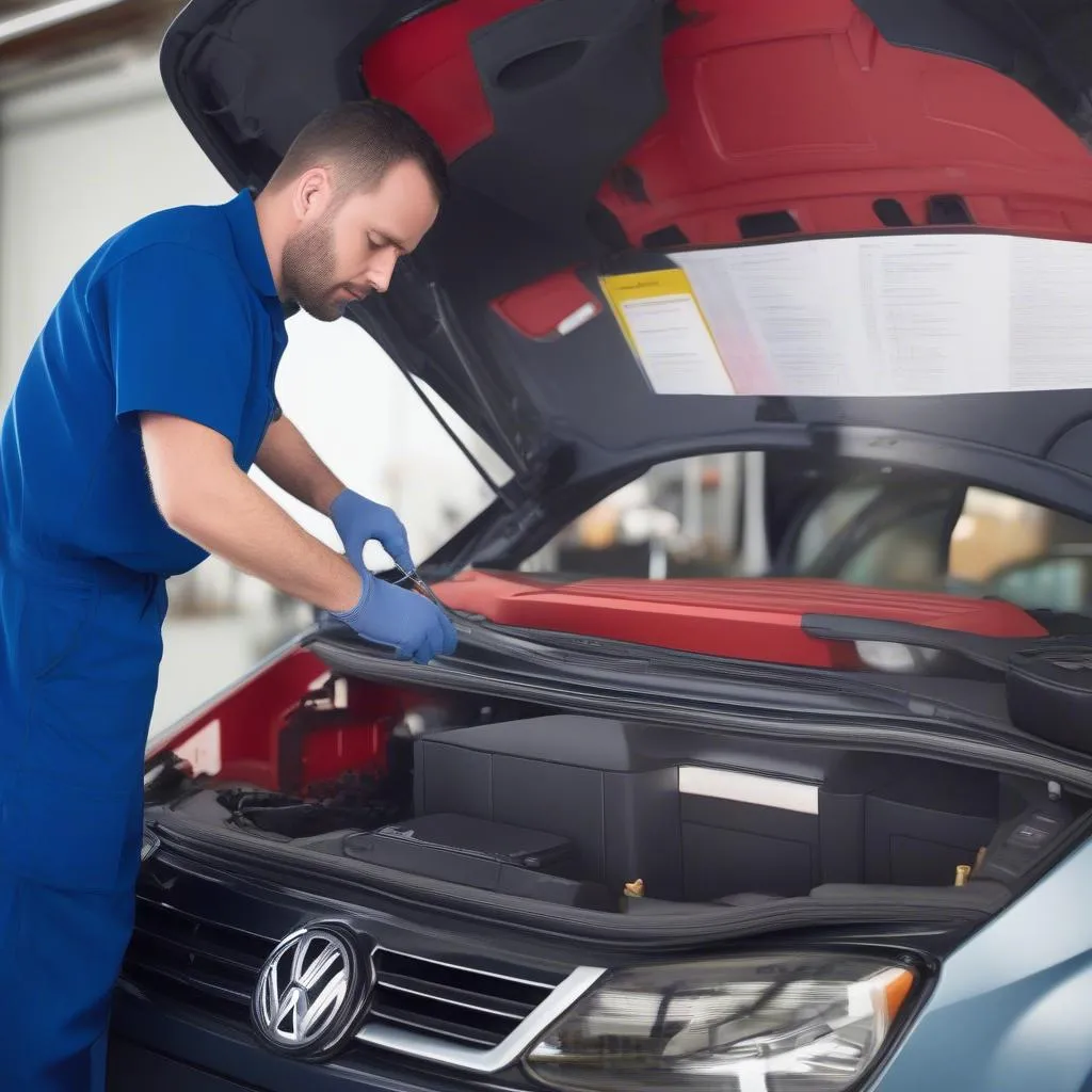 Mechanic using a diagnostic scanner on a Volkswagen Fox