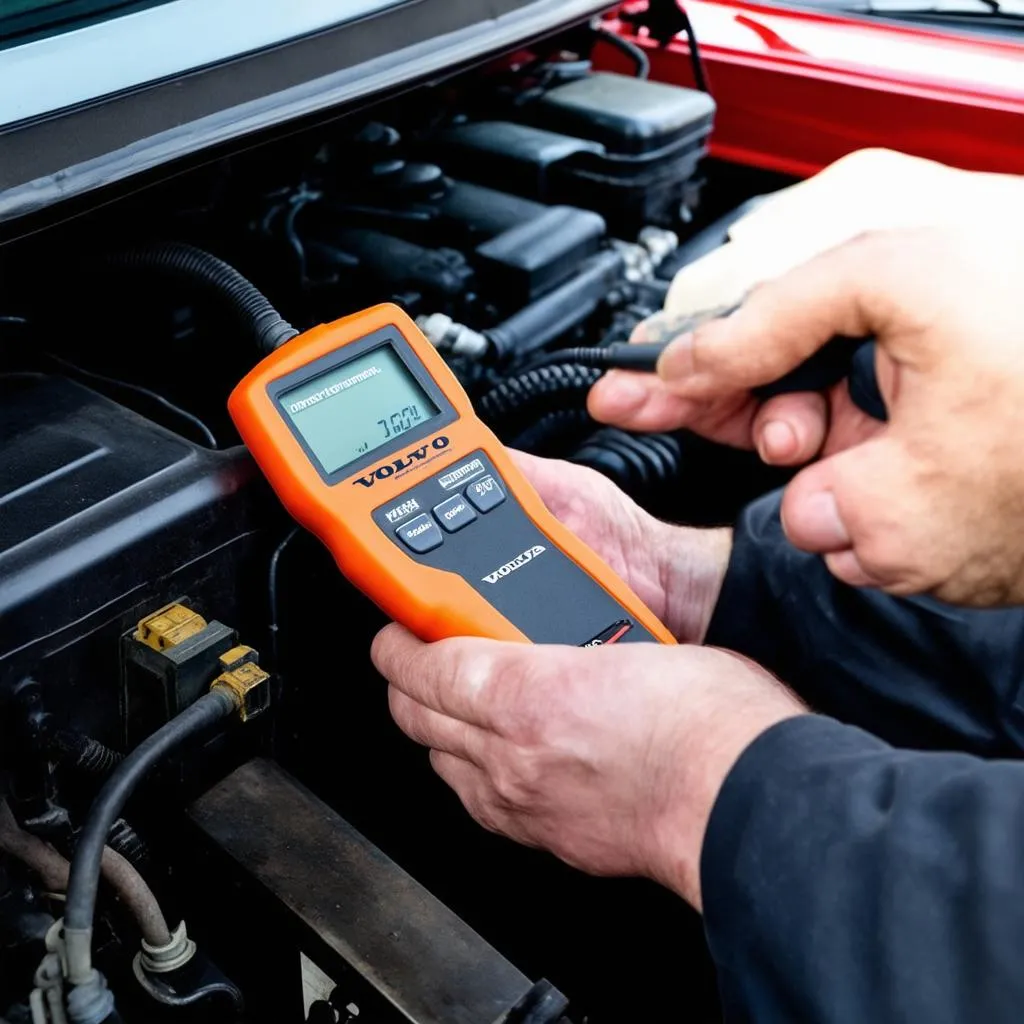 Mechanic using a diagnostic tool on a Volvo 850