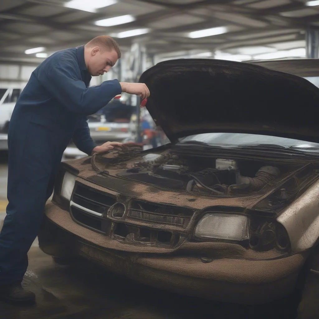 Water slide car damage inspection: A qualified mechanic assesses a car for water damage, looking for signs of corrosion, electrical problems, and internal engine damage.