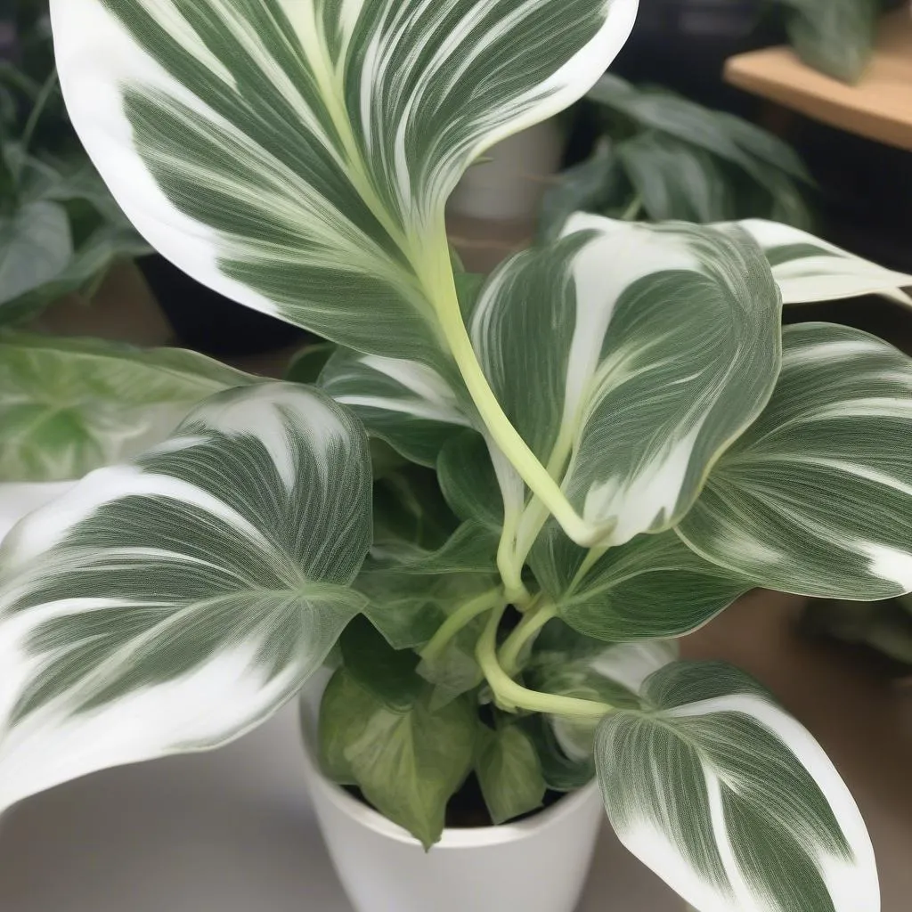 Closeup image of the white ice princess philodendron's variegated leaves and a cutting ready for propagation