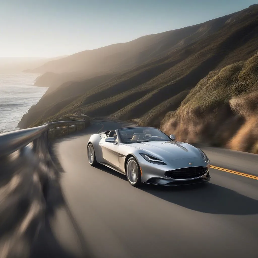 Sports car driving down a winding coastal road