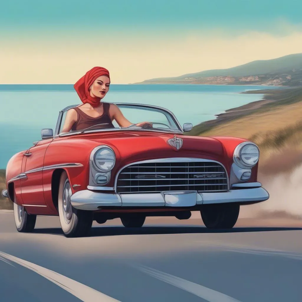 A woman in a headscarf driving a vintage convertible along a coastal highway