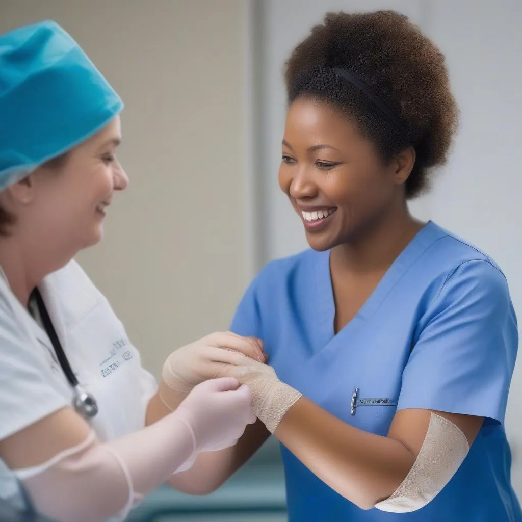 Wound care nurse treating a patient