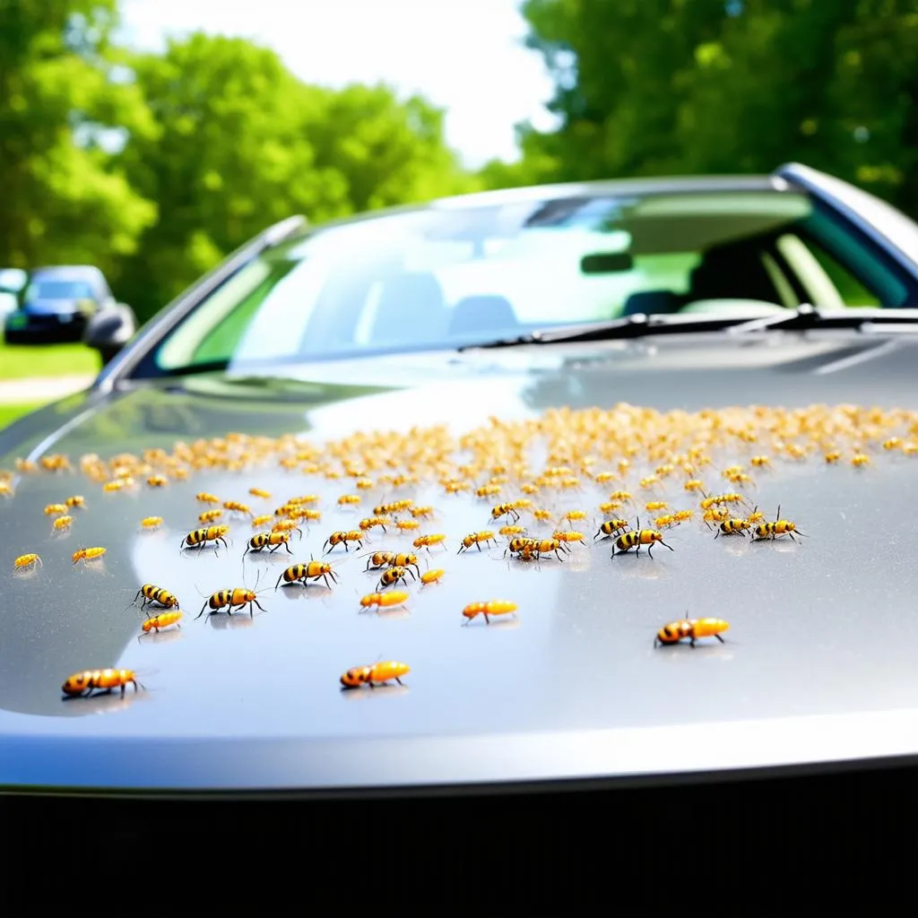 Tiny yellow bugs on a car hood