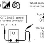 Checking continuity of Infiniti G35x wheel sensor harness connector for C1105 error diagnosis using multimeter.