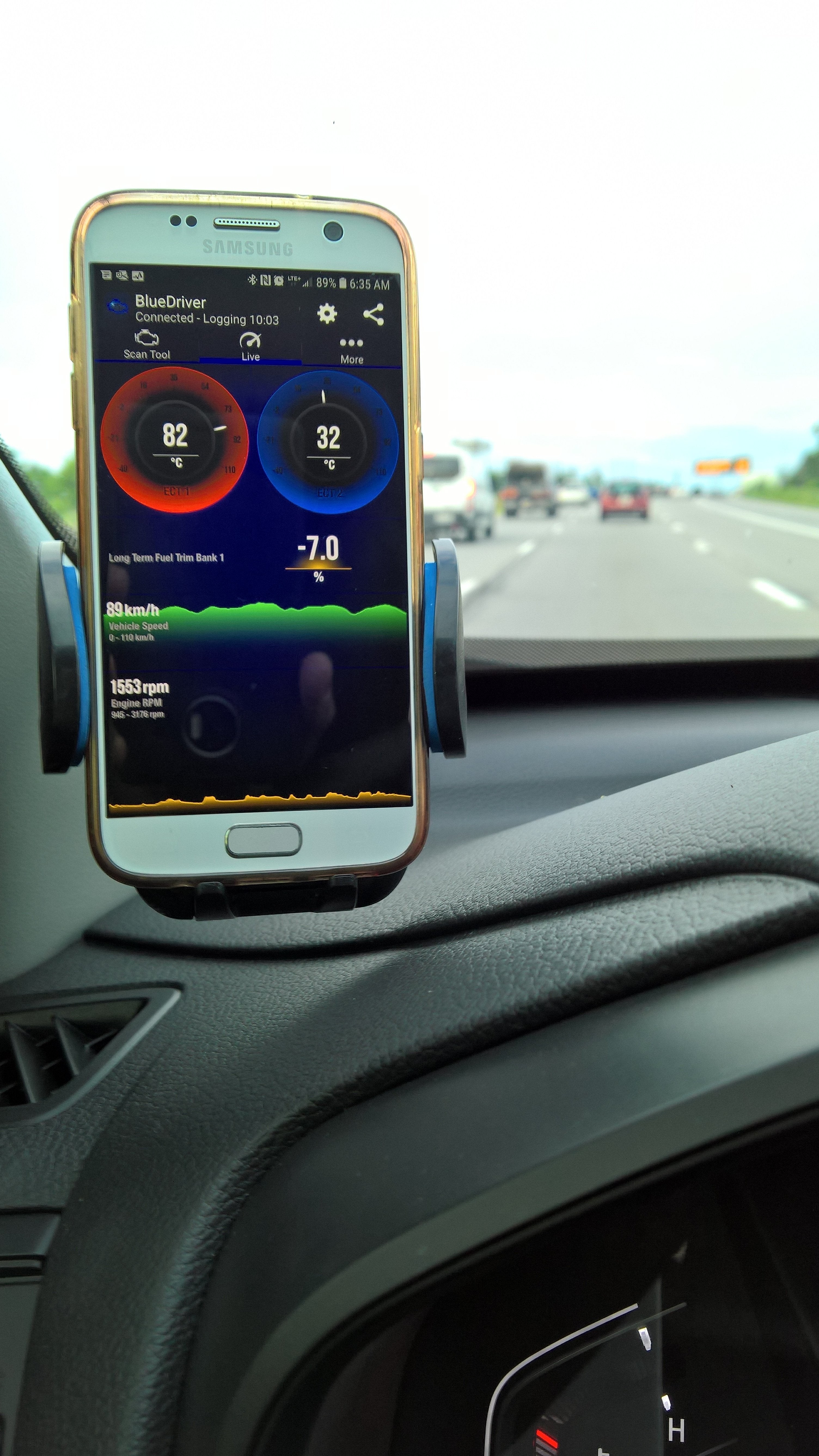 BlueDriver live data display while driving in a Honda vehicle, showcasing real-time engine parameters like coolant temperature and fuel trims