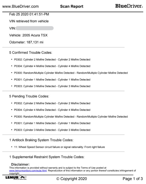 BlueDriver OBD2 scanner PDF report example page 1 showing vehicle details and diagnostic categories