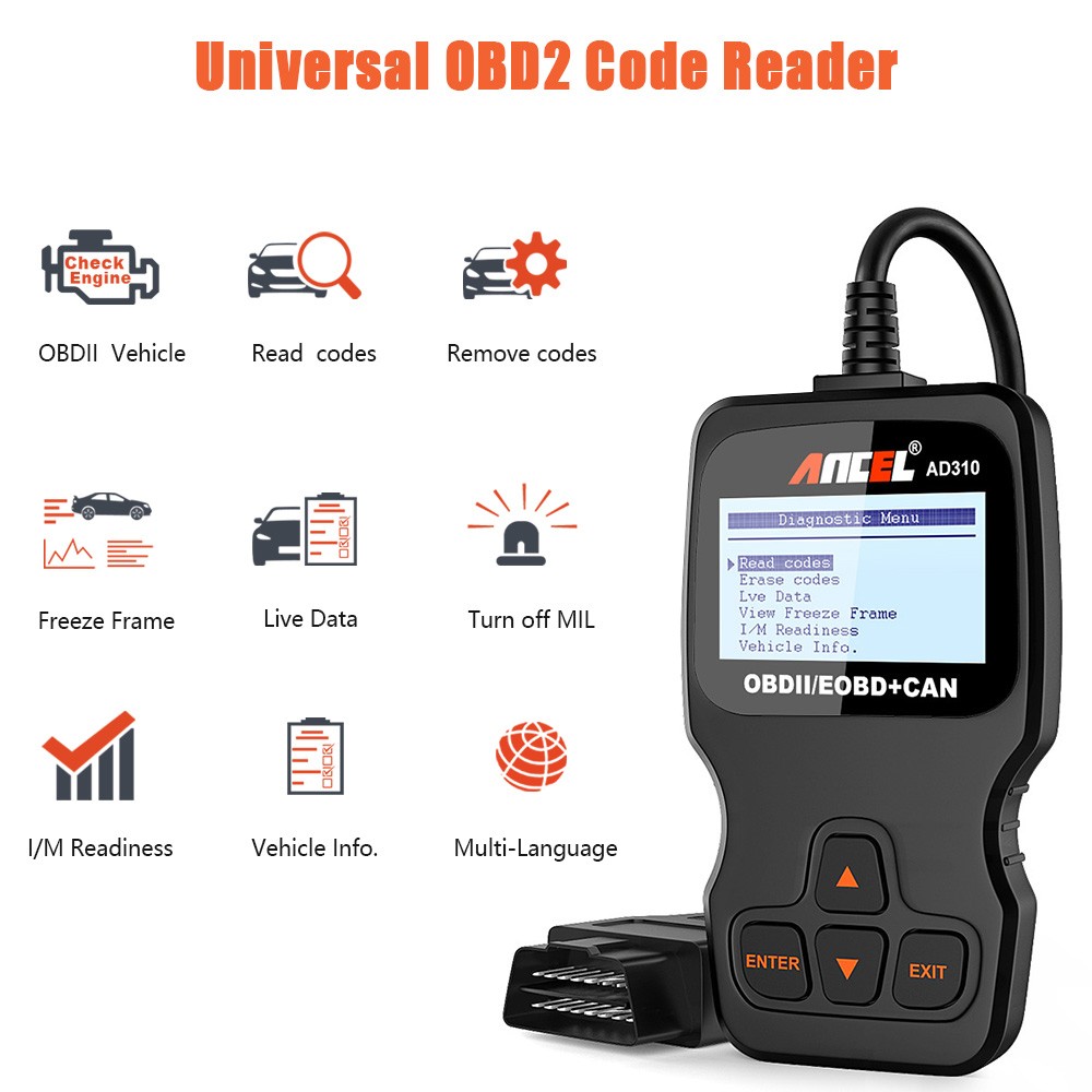 ANCEL AD310 OBD2 Scanner displaying diagnostic information on its LCD screen