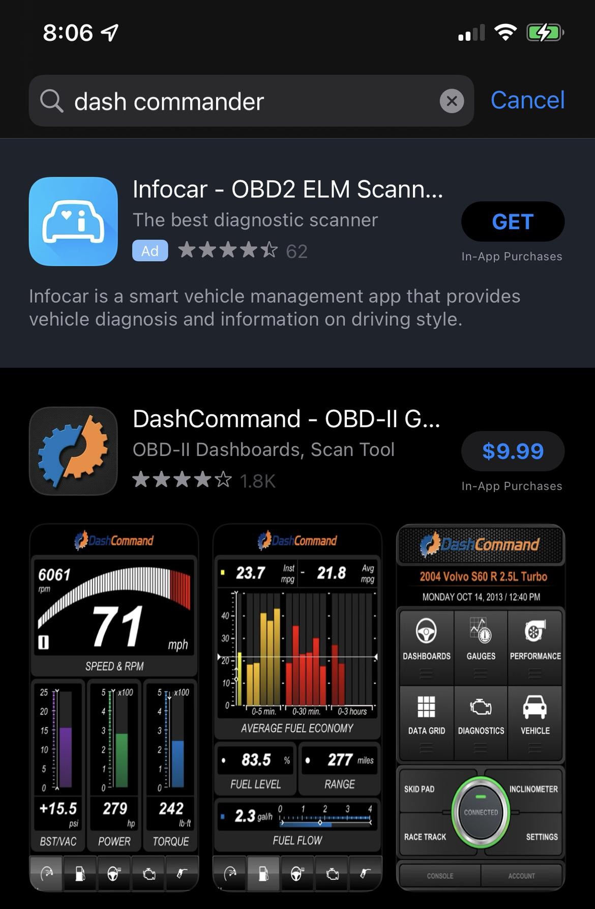 Dash Commander app interface on iPhone displaying vehicle diagnostics data