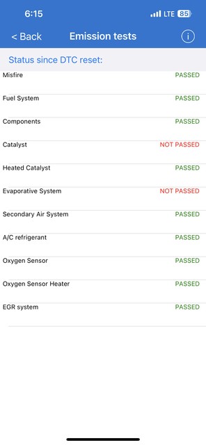 2005 Nissan Murano emissions test results showing passing status, indicating OBD2 port was accessible for the test.