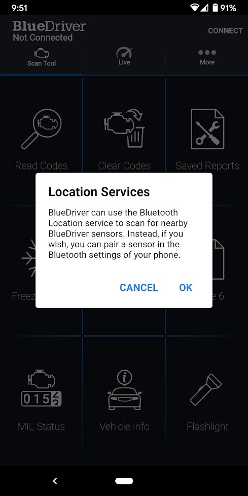 BlueDriver App Location Services Prompt on Android