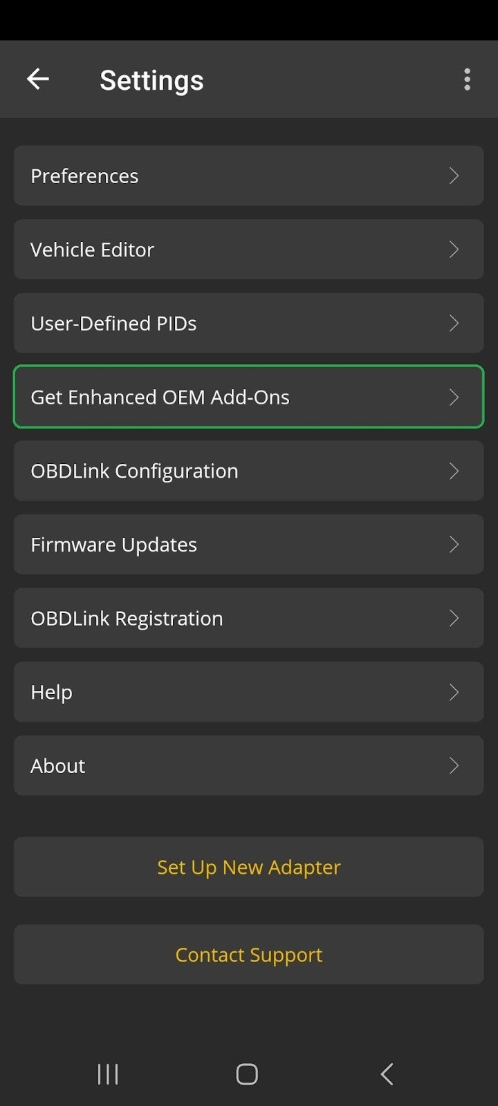 Android screenshot of the Settings menu. The Get Enhanced OEM Add-Ons option is highlighted. 