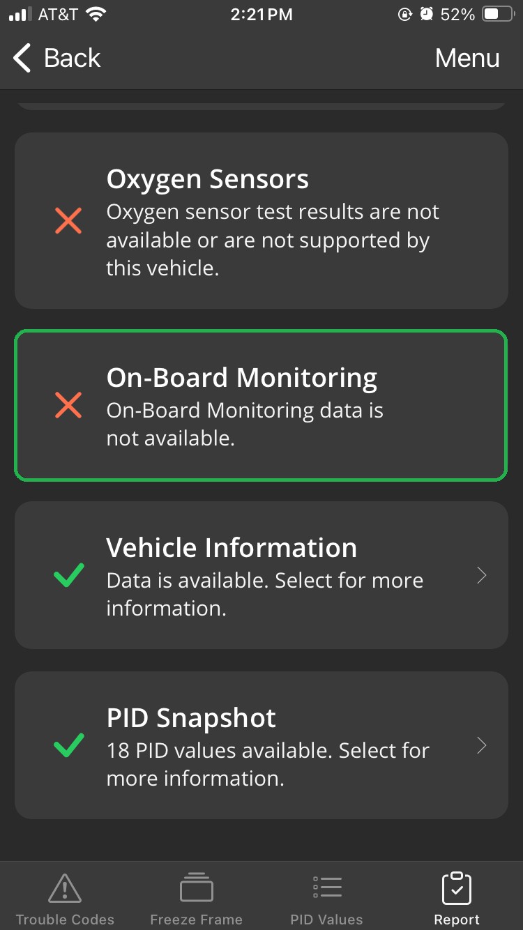 Android screen showing Oxygen Sensors report indicating no test results.