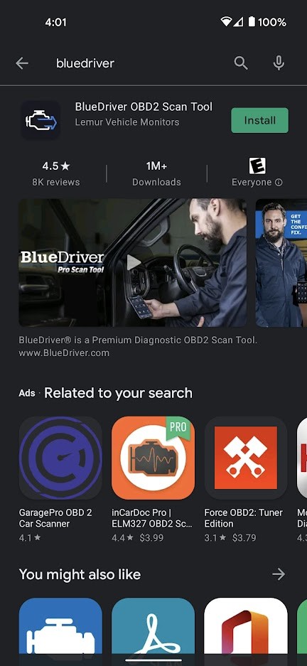 BlueDriver App Install Button in Google Play Store