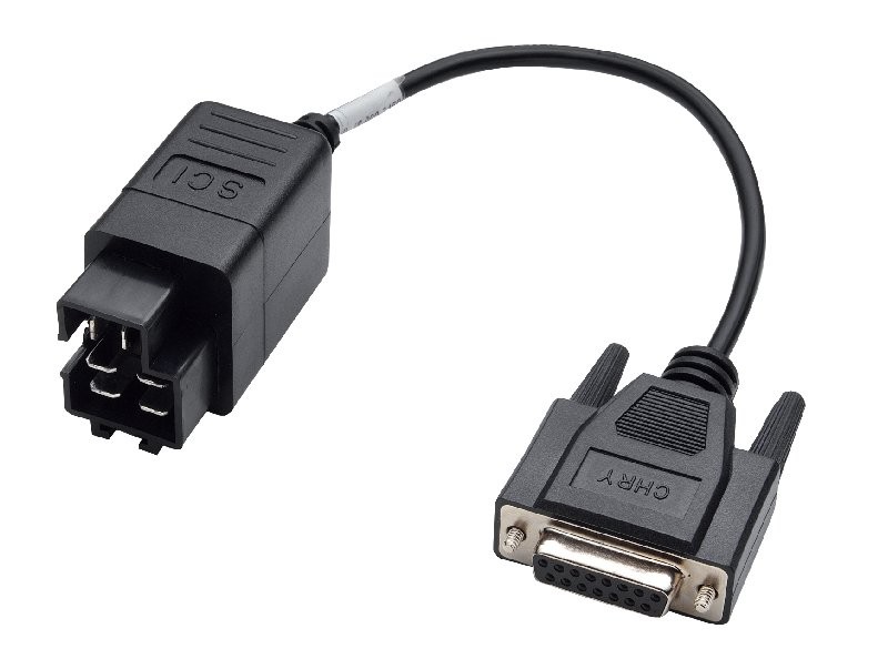 Actron CP9129 Chrysler Adapter Cable connecting to an Actron OBD2 Scanner, highlighting compatibility for older Chrysler vehicles