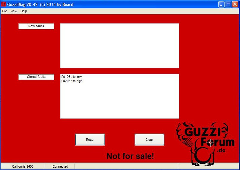 First page in the GuzziDiag software, showing connection options and bike selection.