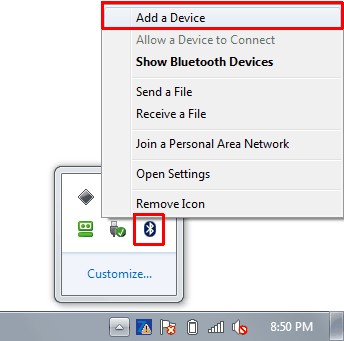 Starting the device pairing process in Windows by selecting &quot;Add a device&quot; from the Bluetooth menu.