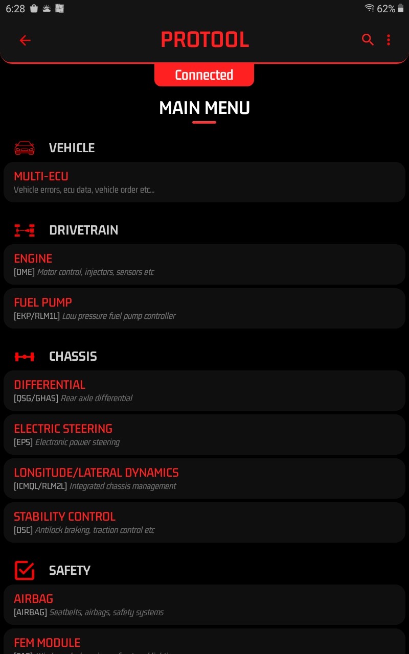 Protool ECU Selection Menu