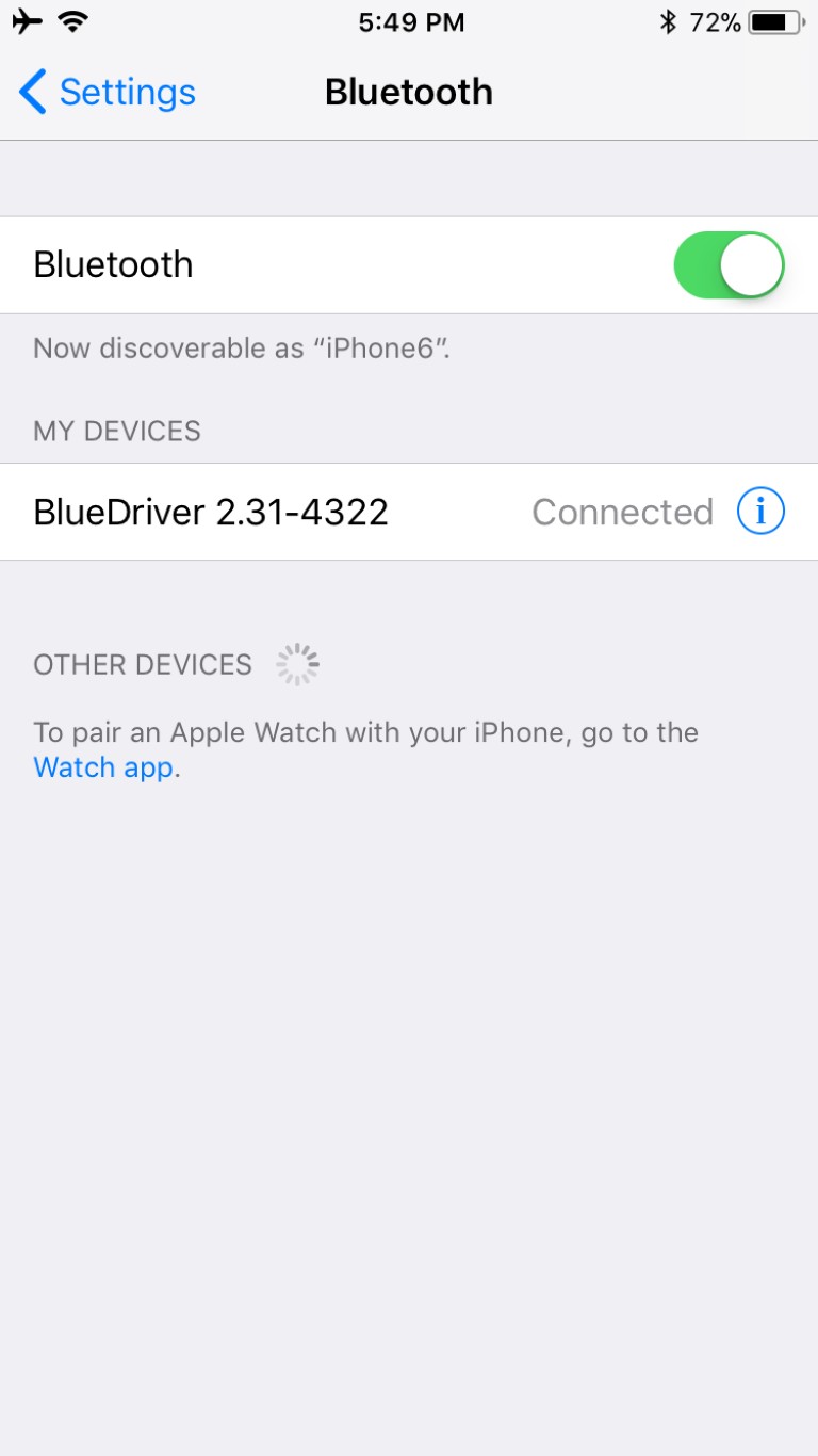 Tap the info icon next to your BlueDriver device to forget the device