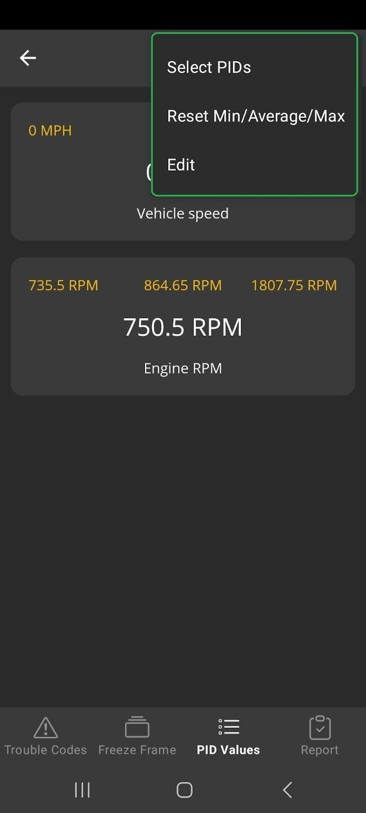 Android screen showing the PID Values tab. The menu options are highlighted.