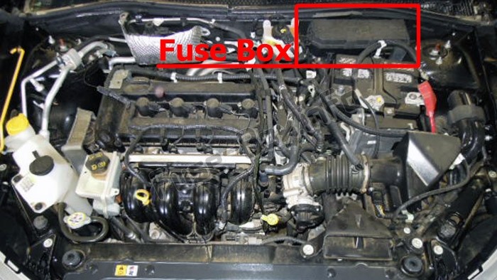 Engine compartment fuse box location in a 2010 Ford Focus, situated within the engine bay in a black plastic power distribution box.