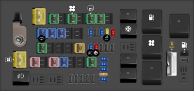 2007 Ford Fusion power distribution box diagram, showing the fuse and relay arrangement within the engine bay fuse box.